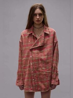 R13 ASYMMETRICAL SHIRT - PINK PLAID